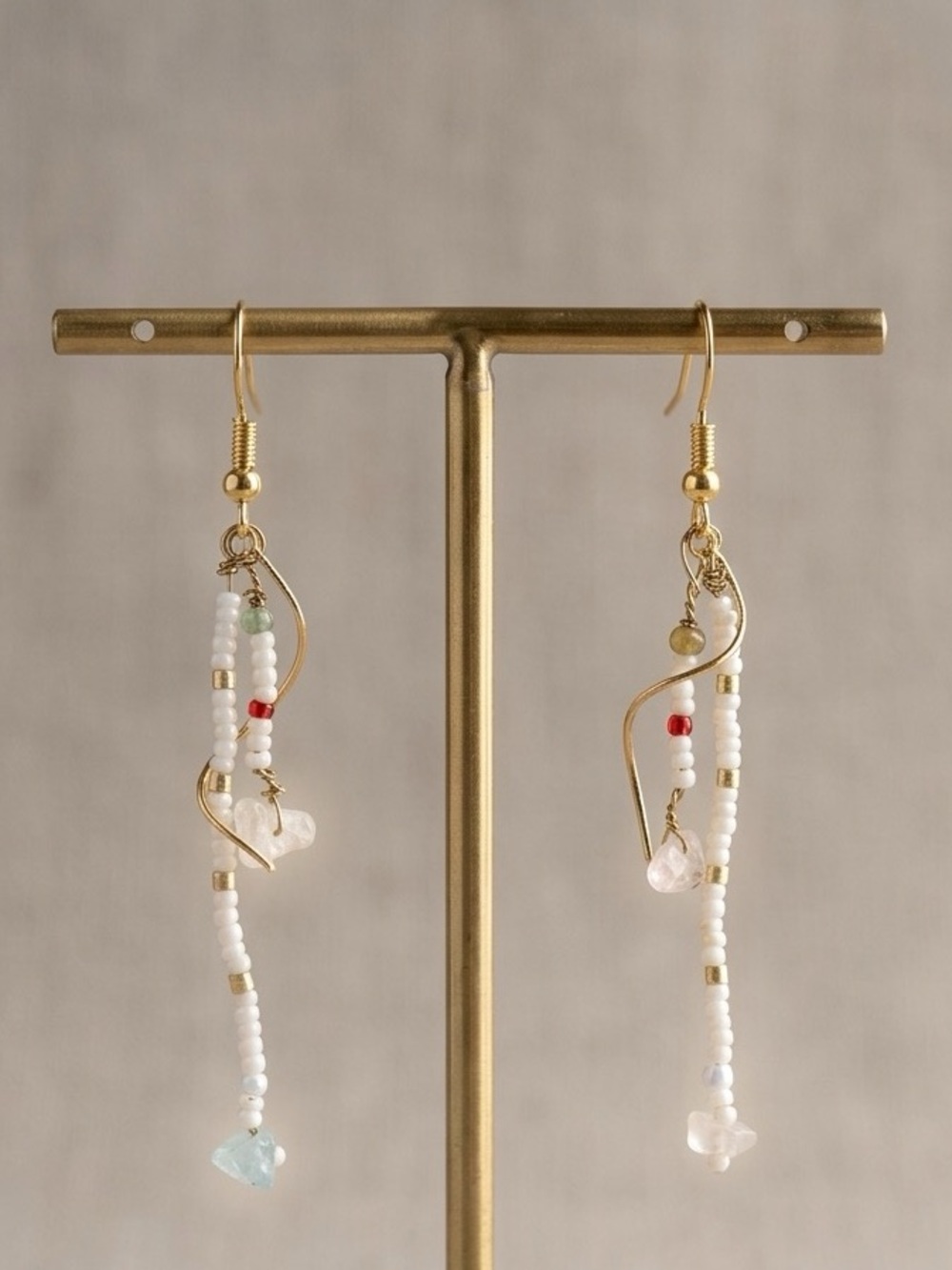 Gold Wire & White Beaded Dangle Earrings with Pastel Accents